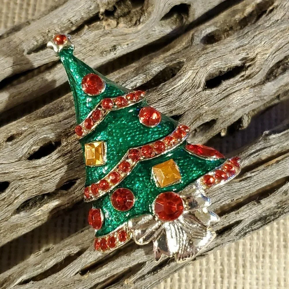 Christmas Tree Red Green Silver Rhinestone Enamel Sweater Pin Brooch